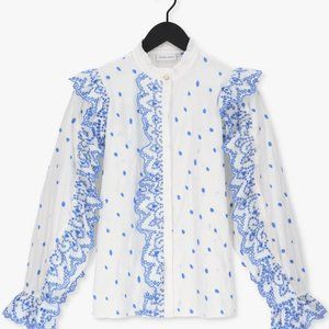 NWT Fabienne Chapot white and pale blue Josie ruffled cotton embroidered blouse
